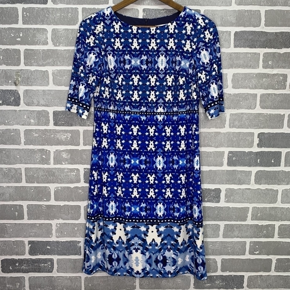 Eliza‎ J Geometric Blue Shift Dress 3/4 Sleeves Size 6